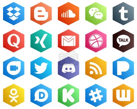 Illustration for 25 Clean White Icons such as google duo. dribbble. tumblr. mail and gmail icons. Hexagon Flat Color Backgrounds - Royalty Free Image