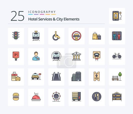 Illustration for Hotel Services And City Elements 25 Line Filled icon pack including bag . decoration. weelchair. building. column - Royalty Free Image