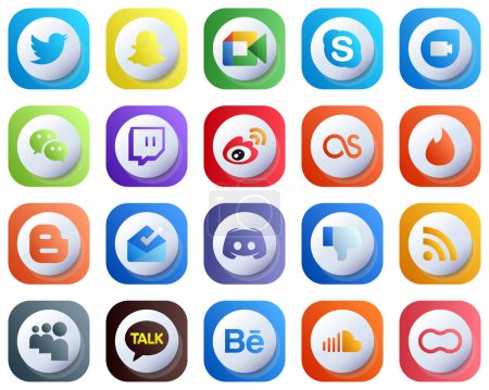 Illustration for 20 Cute 3D Gradient Minimalist Social Media Icons such as tinder. google duo. china and weibo icons. Professional and Unique - Royalty Free Image