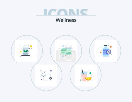 Téléchargez les illustrations : Wellness Flat Icon Pack 5 Icon Design. medical. bottle. coffee. clean. bath soap - en licence libre de droit
