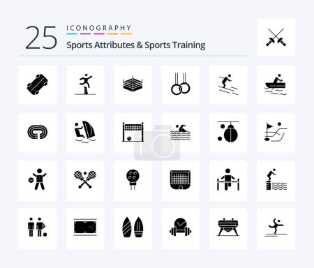Téléchargez les illustrations : Sports Atributes And Sports Training 25 Solid Glyph icon pack including sportsman. ski. boxing. activity. gymnastics - en licence libre de droit