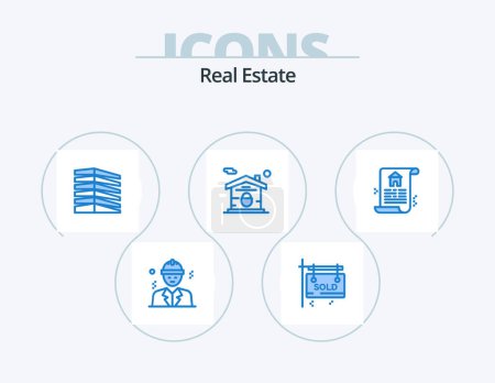 Téléchargez les illustrations : Real Estate Blue Icon Pack 5 Icon Design. document. lock. building. house. estate - en licence libre de droit