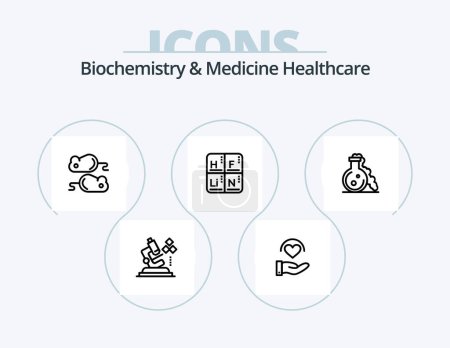 Ilustración de Biochemistry And Medicine Healthcare Line Icon Pack 5 Icon Design. viruses. hand. hazard. heart. medical - Imagen libre de derechos