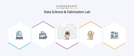 Illustration for Data Science And Fabrication Lab 25 FilledLine icon pack including human. data. list. sharing. head - Royalty Free Image