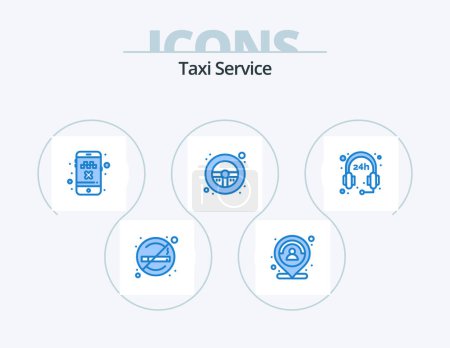 Téléchargez les illustrations : Taxi Service Blue Icon Pack 5 Icon Design. hours. steering wheel. person. steering. transport - en licence libre de droit