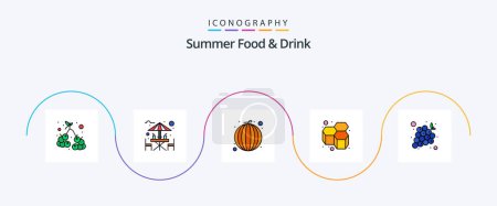 Téléchargez les illustrations : Summer Food and Drink Line Filled Flat 5 Icon Pack Including grapes. honeycomb. sitting area. honey. watermelon - en licence libre de droit