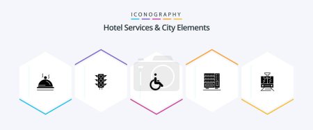 Téléchargez les illustrations : Hotel Services And City Elements 25 Glyph icon pack including public. drawer. weelchair. wardrobe. furniture - en licence libre de droit