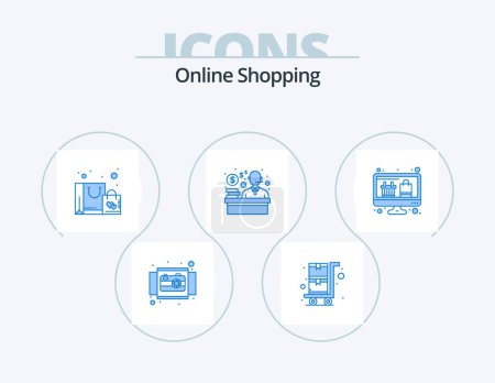 Téléchargez les illustrations : Online Shopping Blue Icon Pack 5 Icon Design. display. shopping. customer. purchase - en licence libre de droit