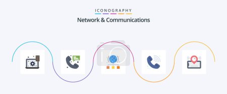 Téléchargez les illustrations : Network And Communications Flat 5 Icon Pack Including elearning. call. communication. server. link - en licence libre de droit