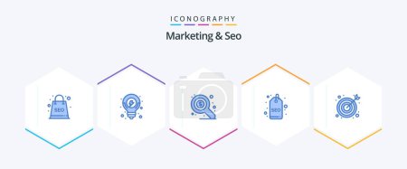 Illustration for Marketing And Seo 25 Blue icon pack including target. bulls eye. market. tag. seo - Royalty Free Image