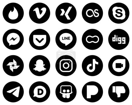 Ilustración de 20 Simple White Social Media Icons on Black Background such as snapchat. digg. facebook. women and peanut icons. Minimalist and professional - Imagen libre de derechos