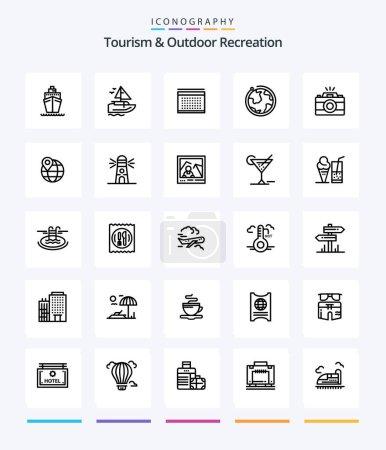 Téléchargez les illustrations : Creative Tourism And Outdoor Recreation 25 OutLine icon pack  Such As map. picture. globe. photo. camera - en licence libre de droit