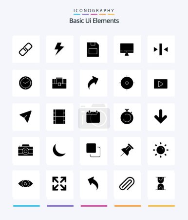 Ilustración de Creative Basic Ui Elements 25 Paquete de iconos de Glyph Solid Black Tales como espalda. Juega. tarjeta de memoria. hardware. monitor - Imagen libre de derechos