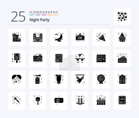 Téléchargez les illustrations : Night Party 25 pack d'icônes Glyphe solide comprenant la fête. fête. célébration. Bonne nuit. vip - en licence libre de droit