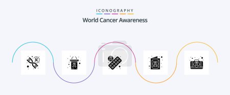 Ilustración de World Cancer Awareness Glyph 5 Icon Pack Incluyendo. caso. medicina. kit. informe médico - Imagen libre de derechos
