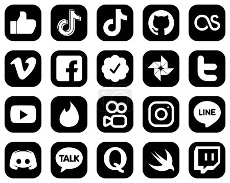 Illustration for 20 High-Definition White Social Media Icons on Black Background such as tweet. google photo. lastfm. twitter verified badge and fb icons. Minimalist and high-resolution - Royalty Free Image