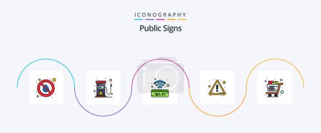 Ilustración de Línea de señales públicas llenas de paquete de iconos plano 5, incluido el completo. advertencia. combustible. Atención. wifi - Imagen libre de derechos