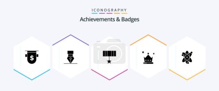 Téléchargez les illustrations : Achievements and Badges 25 Glyph icon pack including achievement. crown. wreath. award. medal - en licence libre de droit