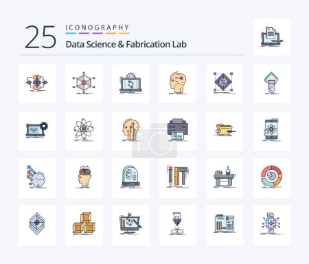 Téléchargez les illustrations : Data Science And Fabrication Lab 25 Line Filled icon pack including hacking. brain. information. sync. analysis - en licence libre de droit