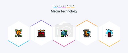 Ilustración de Media Technology 25 FilledLine icon pack including drive. mobile. global. social media. facebook - Imagen libre de derechos