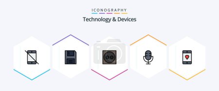 Illustration for Devices 25 FilledLine icon pack including record. microphone. floppy. electronics. plug - Royalty Free Image