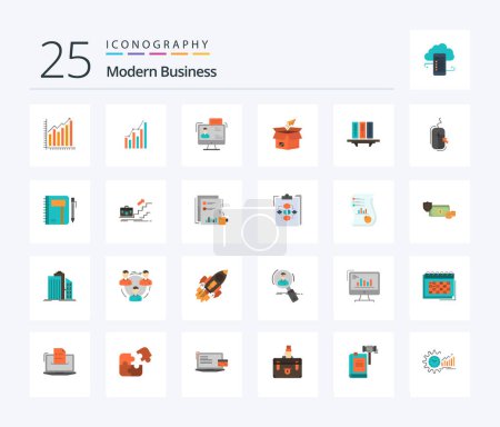 Téléchargez les illustrations : Pack d'icônes Modern Business 25 Flat Color comprenant la libération. paquet. les affaires. les affaires. en ligne - en licence libre de droit