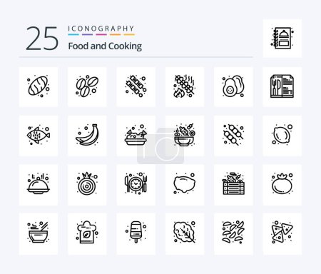 Téléchargez les illustrations : Food Pack icône de 25 lignes, y compris la nourriture. poire. kebab. fruits. fête - en licence libre de droit