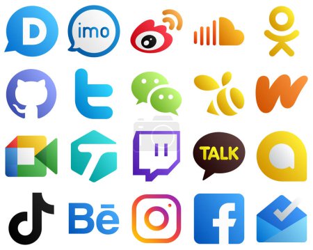 Illustration for 20 Stylish Gradient Social Media Icons such as messenger. tweet. twitter and odnoklassniki icons. Elegant and unique - Royalty Free Image