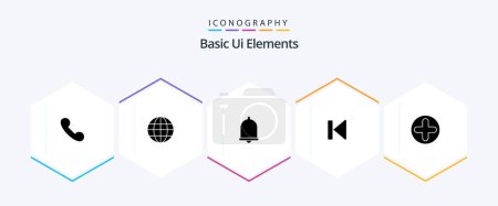Ilustración de Basic Ui Elements 25 Paquete de iconos de glifos incluyendo plus. medios de comunicación. alerta. control. Atrás - Imagen libre de derechos