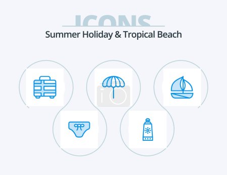 Téléchargez les illustrations : Beach Blue Icon Pack 5 Icon Design. ship. beach. holiday. wet. umbrella - en licence libre de droit