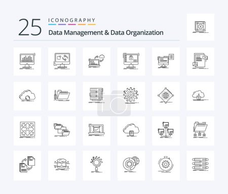 Illustration for Data Management And Data Organization 25 Line icon pack including safe. secure. install. arrows. data - Royalty Free Image