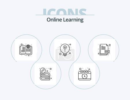Ilustración de Línea de aprendizaje en línea Icon Pack 5 Icon Design. Libro. notas. lápiz. archivos. insignia - Imagen libre de derechos