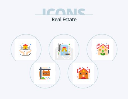 Ilustración de Real Estate Flat Icon Pack 5 Icon Design. plant. estate. protection. real estate. insurance - Imagen libre de derechos