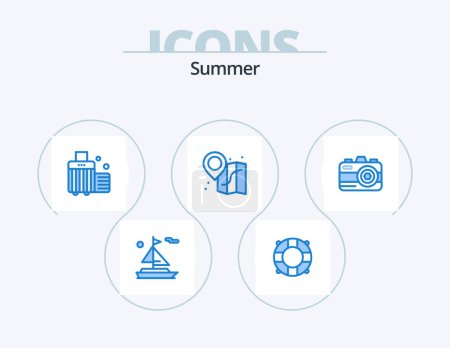 Illustration for Summer Blue Icon Pack 5 Icon Design. . summer. case. photo. map - Royalty Free Image