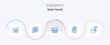 Téléchargez les illustrations : Wash Hands Blue 5 Icon Pack Including medical. virus. basin. covid. bacteria - en licence libre de droit