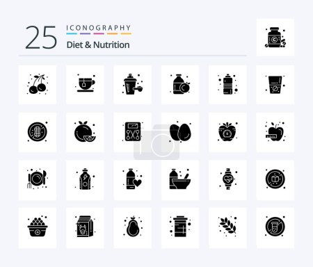 Ilustración de Dieta y nutrición 25 Paquete icono de glifo sólido que incluye dieta. Deportes. suplemento nutricional. salud física. frasco - Imagen libre de derechos