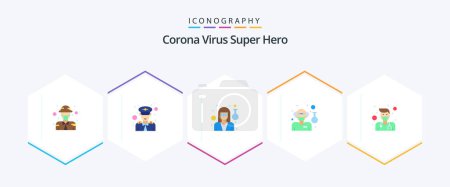 Téléchargez les illustrations : Corona Virus Super Hero 25 Pack icône plat, y compris la santé. mâle. Officier. scientifique. docteur - en licence libre de droit