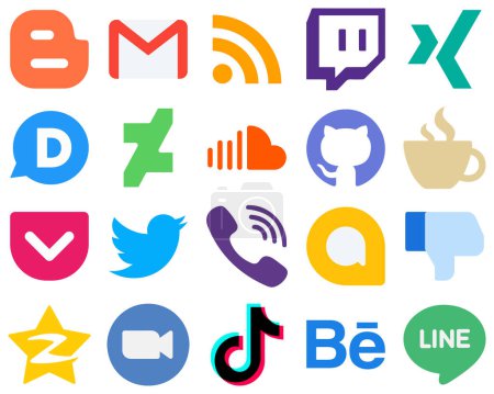 Illustration for 20 Flat Social Media Icons for a Simplistic UI caffeine. xing. github and sound icons. Simple Gradient Icon Set - Royalty Free Image