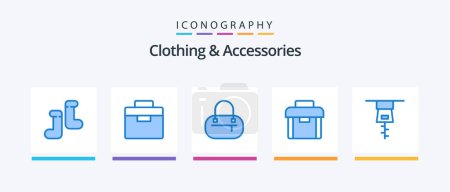 Téléchargez les illustrations : Vêtements et accessoires Pack de 5 icônes bleu inclus. Une mallette. vêtements. Icônes créatives Design - en licence libre de droit