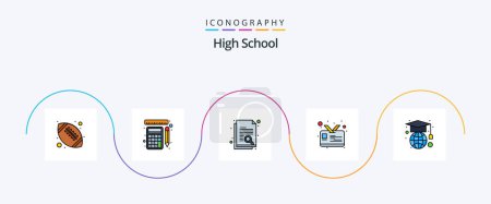 Téléchargez les illustrations : High School Line Filled Flat 5 Icon Pack Including globe. education. document. student card. card - en licence libre de droit