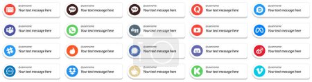 Illustration for Social Media Platform Card Style Follow Me Icons with Customizable Message 20 pack such as signal. spotify. facebook and video icons. High quality and modern - Royalty Free Image