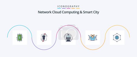 Téléchargez les illustrations : Cloud Computing réseau et Smart City Line rempli plat pack 5 Icônes corps inclus. transport. gestion. en public. train - en licence libre de droit