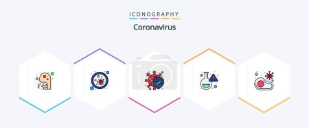 Ilustración de Coronavirus 25 FilledLine envase icono incluyendo alimentos. virus. bacterias. investigación. matraz - Imagen libre de derechos