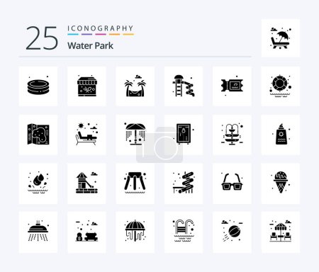Téléchargez les illustrations : Pack d'icônes Glyphe Solide Water Park 25 comprenant un sauveteur. l'eau. Au parc. billet. eau - en licence libre de droit