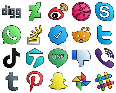 Ilustración de Línea llena Estilo Social Media Icon Set tweet. reddit. charla. twitter verificado insignia y stock 20 iconos con estilo - Imagen libre de derechos