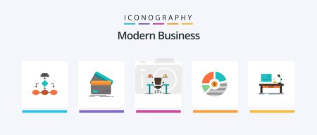 Téléchargez les illustrations : Modern Business Flat 5 Icon Pack Y compris ordinateur. les affaires. les affaires. table. l'argent. Icônes créatives Design - en licence libre de droit