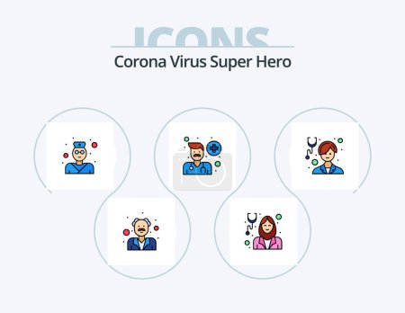 Ilustración de Corona Virus Super Hero Line llenado Icon Pack 5 Icon Design. Mujer. hospital. Avatar masculino. salud. avatar - Imagen libre de derechos