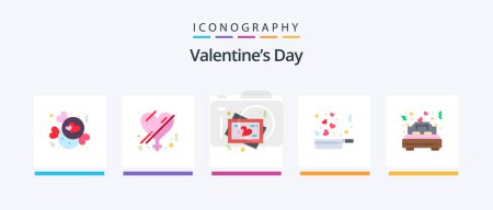 Téléchargez les illustrations : Valentines Day Flat Pack de 5 icônes comprenant l'amour. romantisme. cadre. amour. cuisiner. Icônes créatives Design - en licence libre de droit