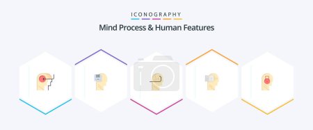 Illustration for Mind Process And Human Features 25 Flat icon pack including lock. head. male. book. head - Royalty Free Image