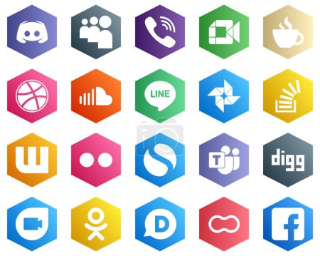 Téléchargez les illustrations : 25 Versatile White Icons such as music. soundcloud. google meet. dribbble and streaming icons. Hexagon Flat Color Backgrounds - en licence libre de droit